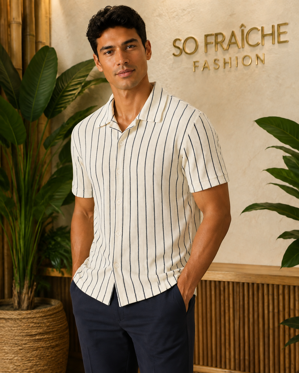 Chemise en maille ivoire rayée bleu marine – So Fraîche Fashion