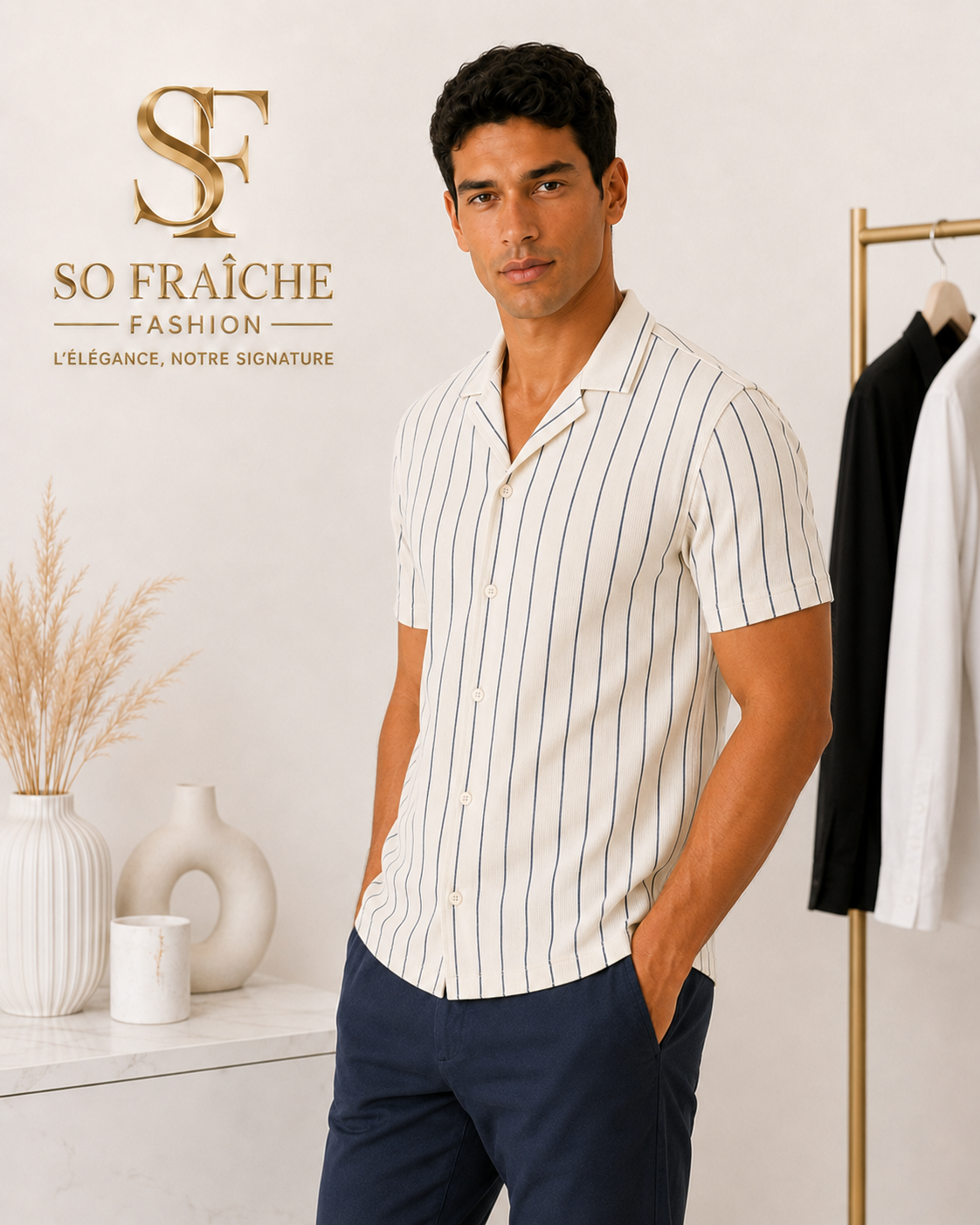 Chemise rayée ivoire – pose trois-quarts – So Fraîche Fashion