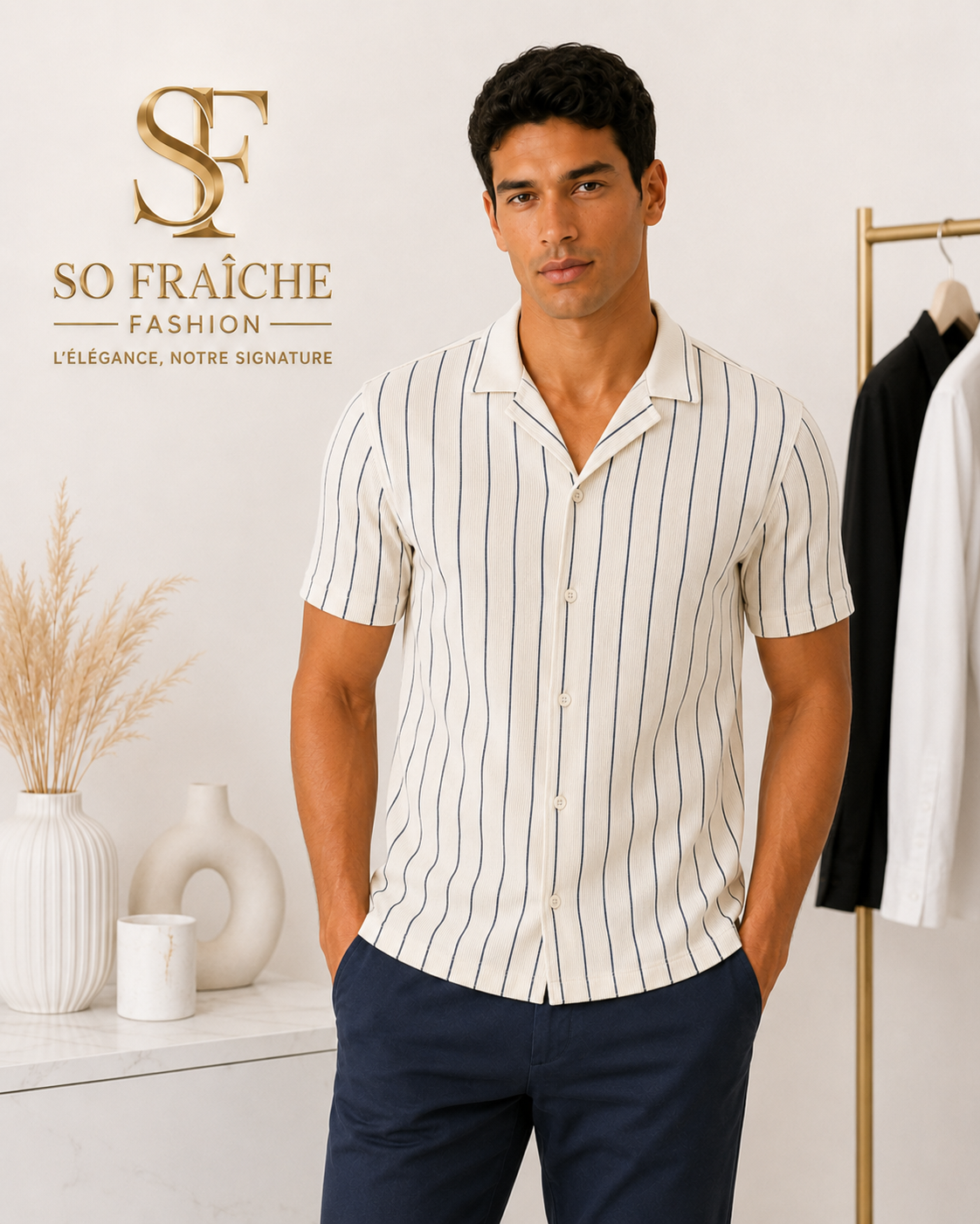 Chemise rayée ivoire en studio luxe – So Fraîche Fashion