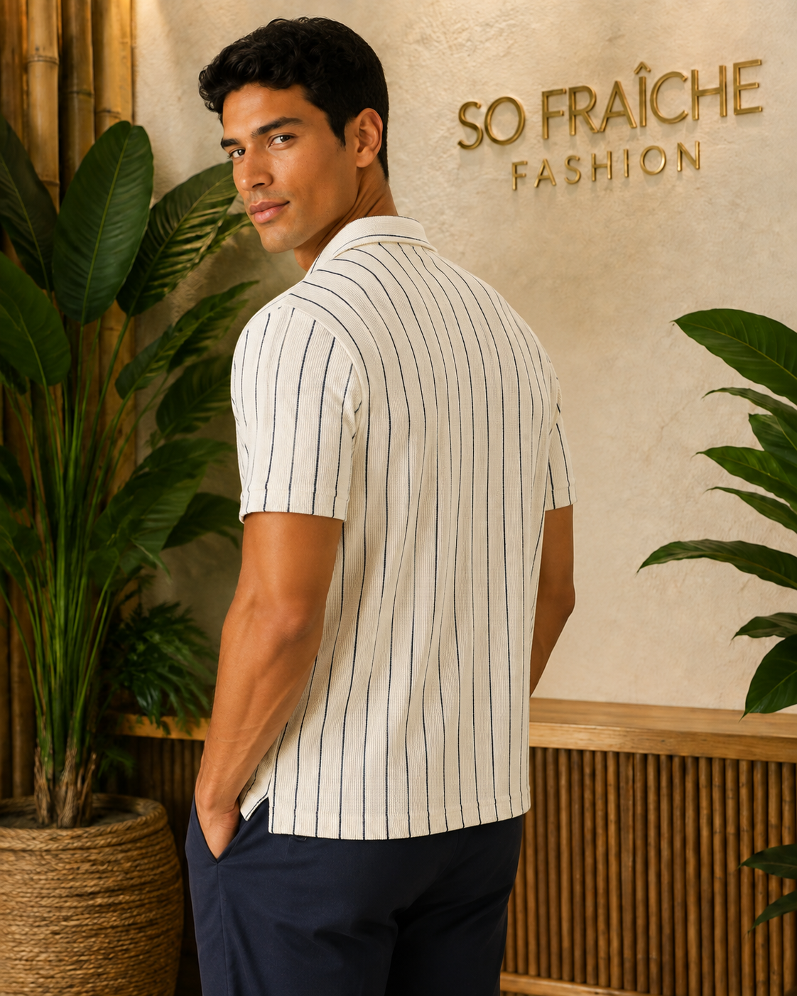 Chemise tricotée écrue à rayures marine – vue arrière – So Fraîche Fashion