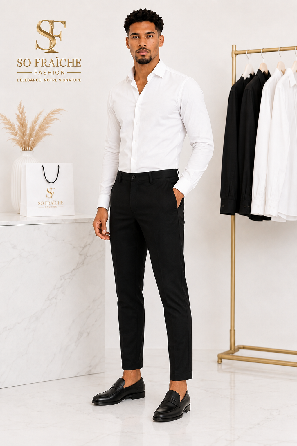 Pantalon homme noir ajusté – vue trois-quarts – So Fraîche Fashion
