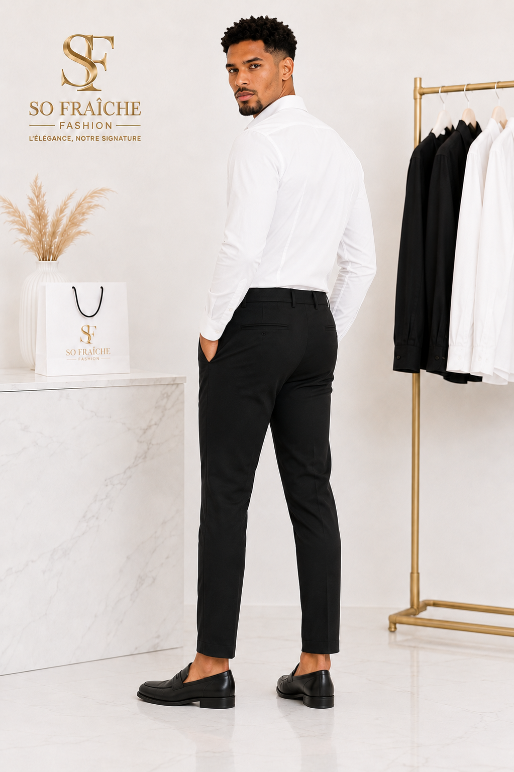 Pantalon homme noir tailleur – vue arrière – So Fraîche Fashion