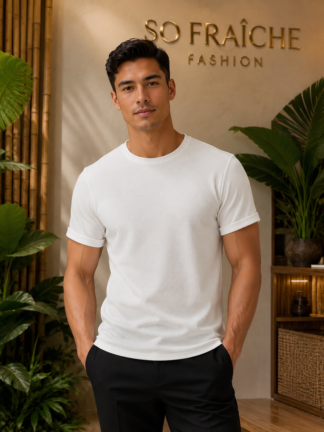 T-shirt ivoire texture en boutique tropicale – So Fraîche Fashion