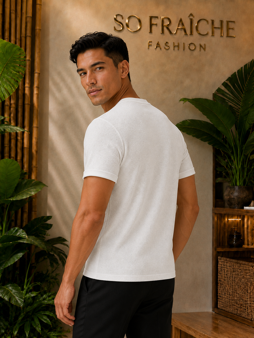 T-shirt ivoire texture vue arrière trois-quarts – So Fraîche Fashion
